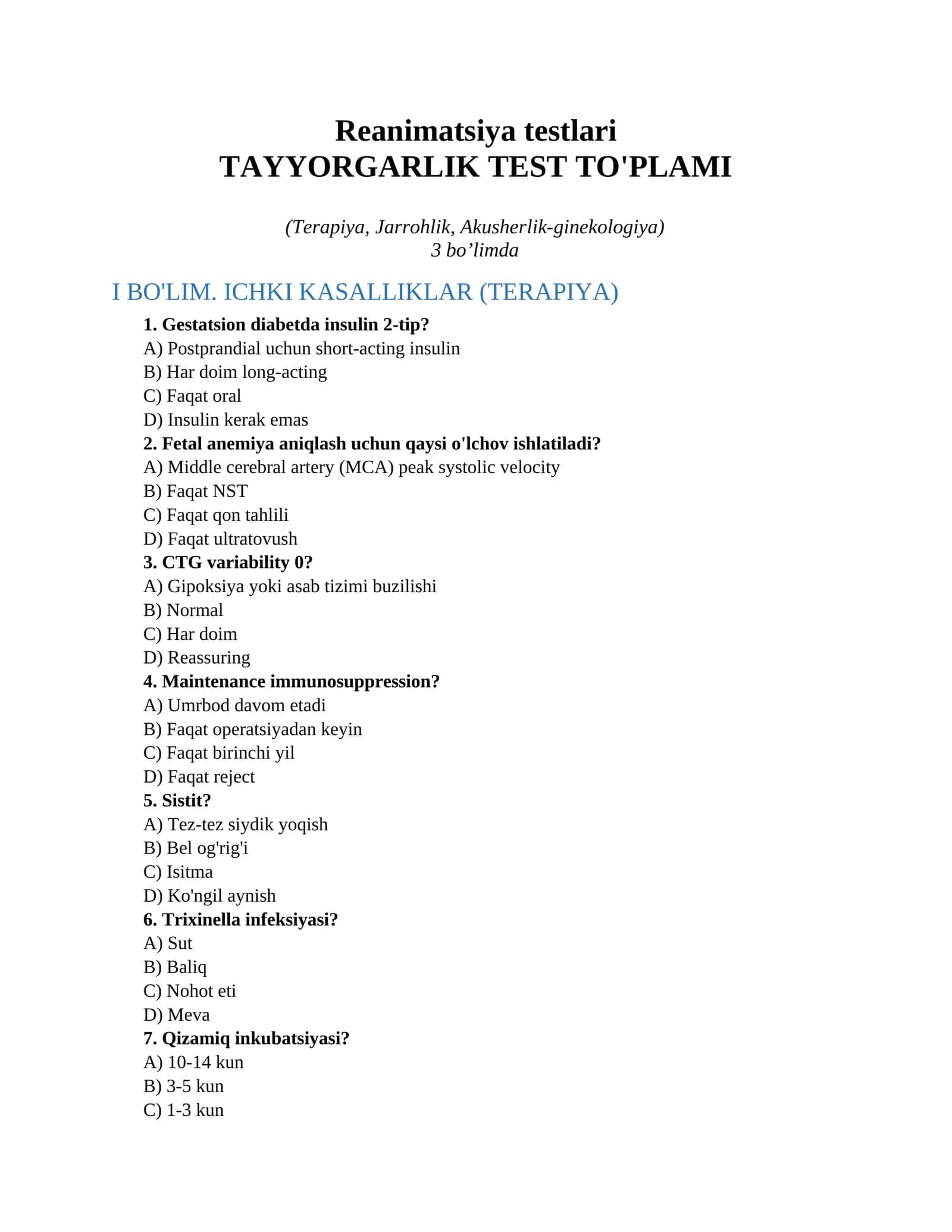 Reanimatsiya testlari 1