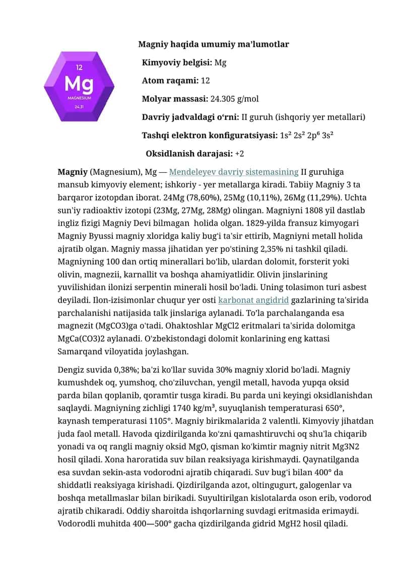 magniy haqida malumot 1