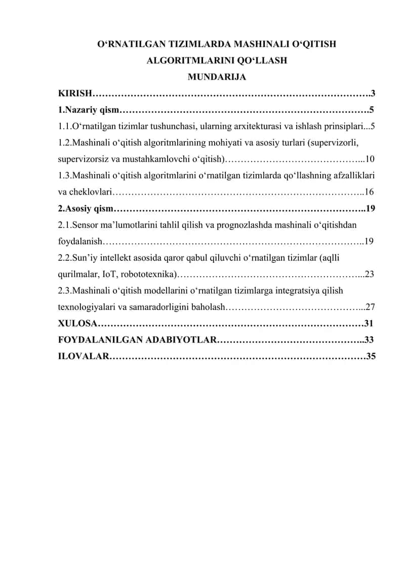 O‘RNATILGAN TIZIMLARDA MASHINALI O‘QITISH ALGORITMLARINI QO‘LLASH 1