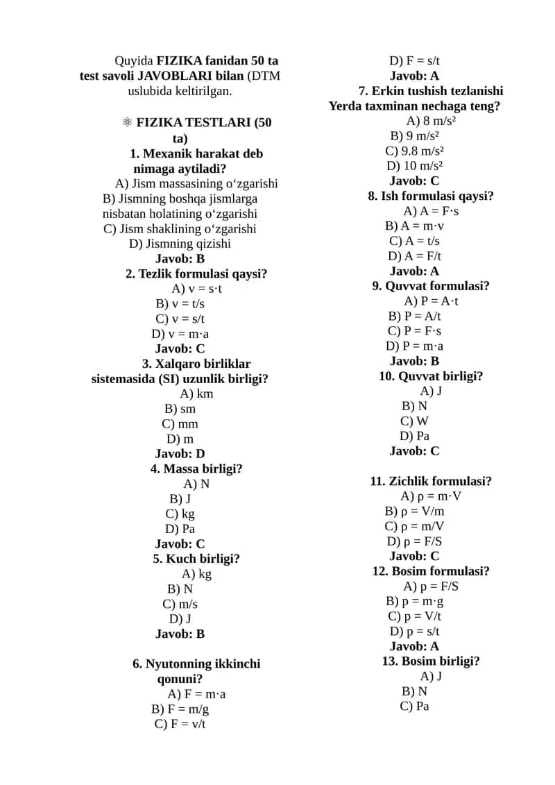 FIZIKA TESTLARI (50 ta) 1