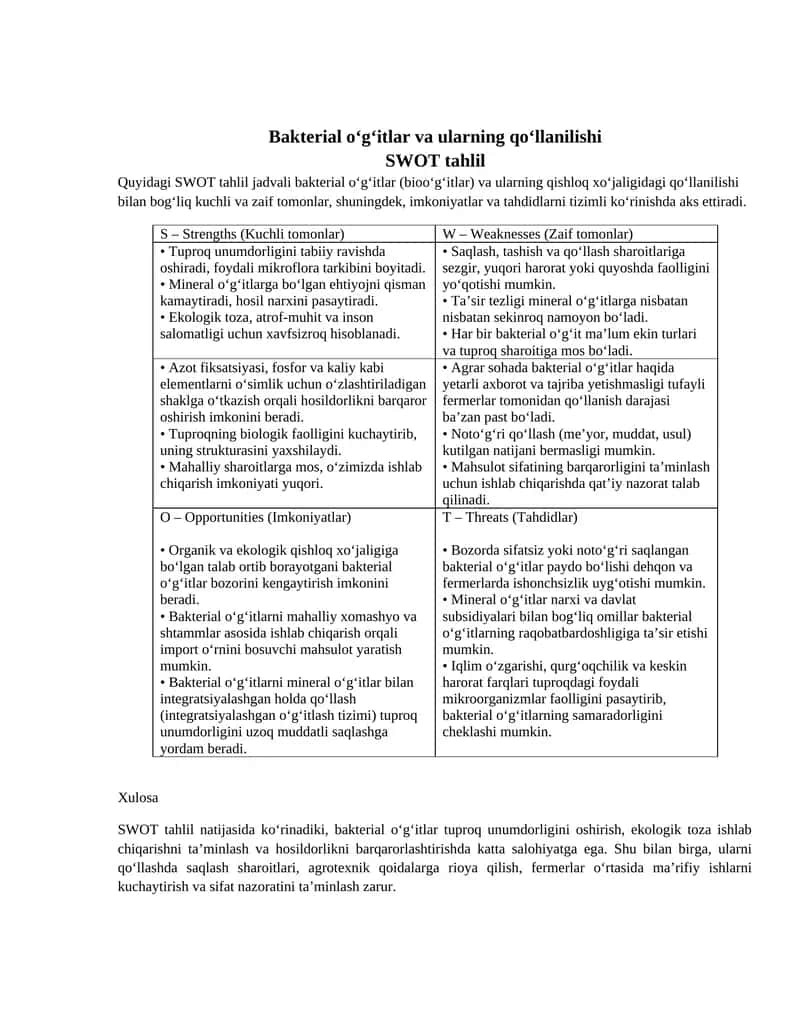 Bakterial o‘g‘itlar va ularning qo‘llanilishi. SWOT.docx 1