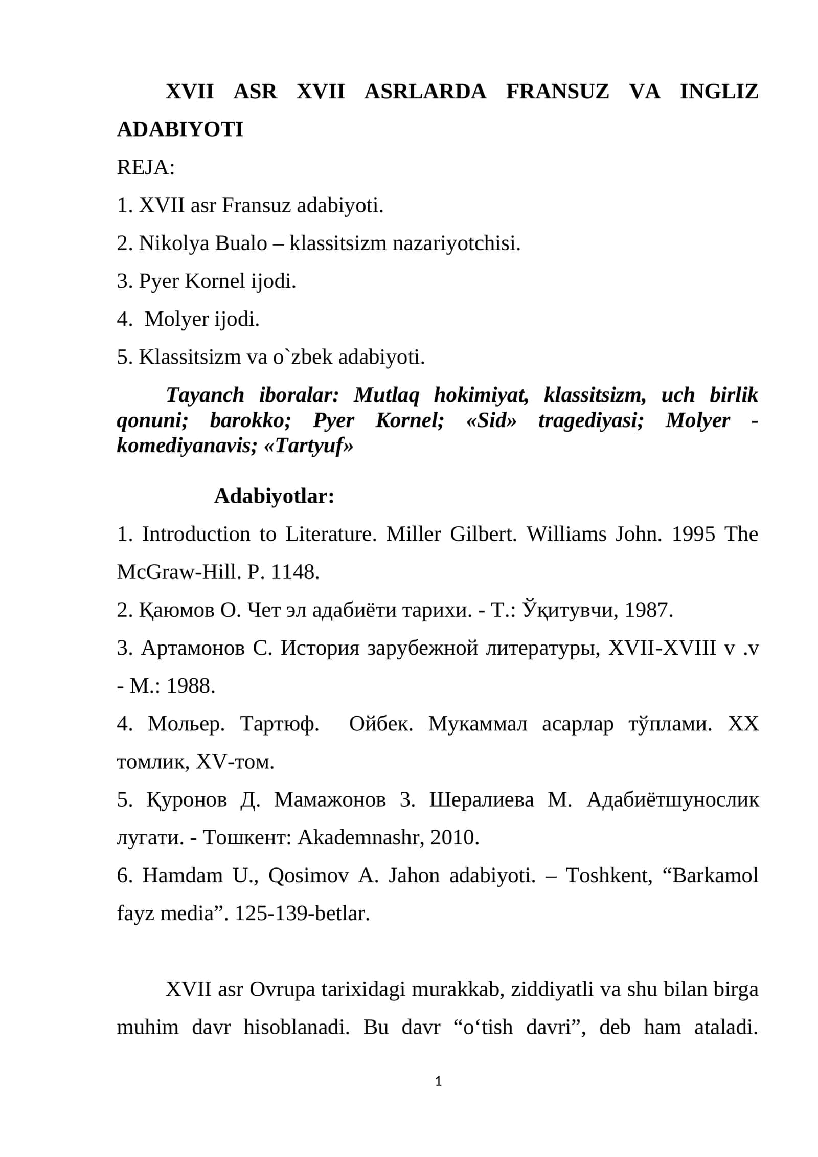 Klassitsizm adabiyoti 1