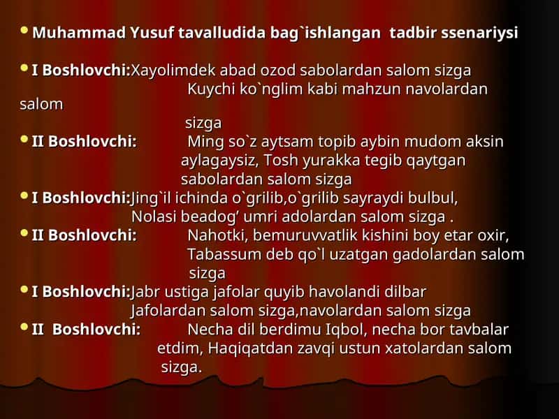 Muhammad Yusuf tavalludida bag`ishlangantadbir ssenariysi 1
