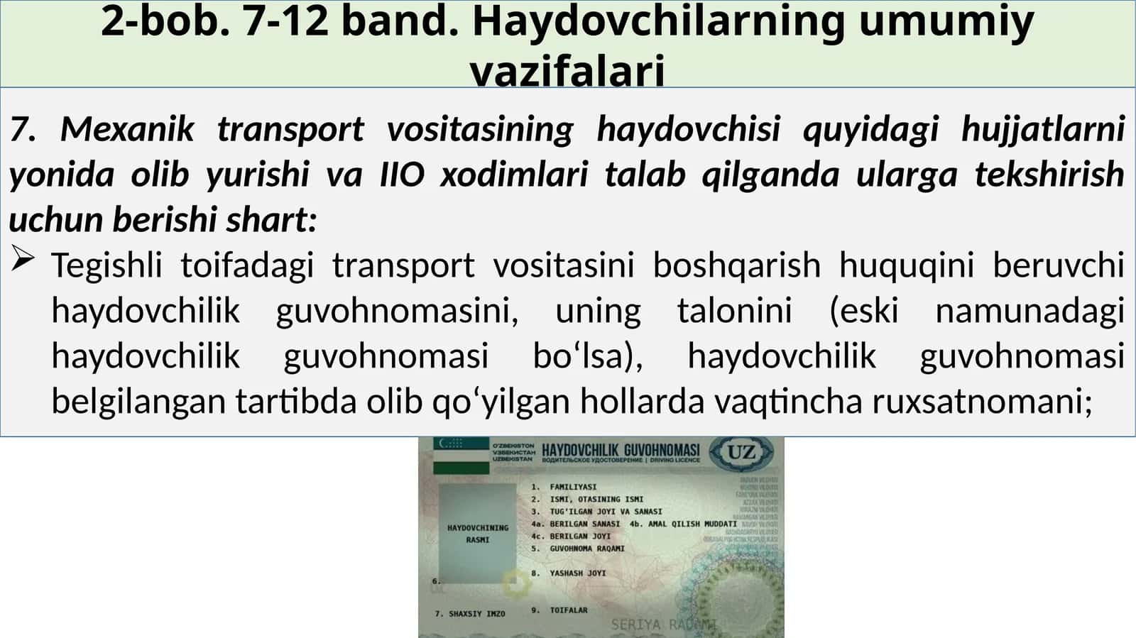 Haydovchilarning umumiy vazifalari 1