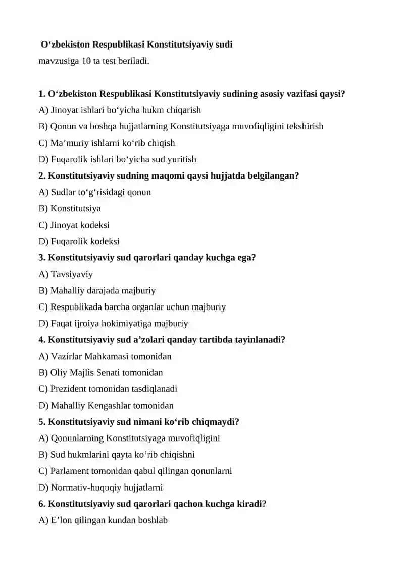 O‘zbekiston Respublikasi Konstitutsiyaviy sudi testlar