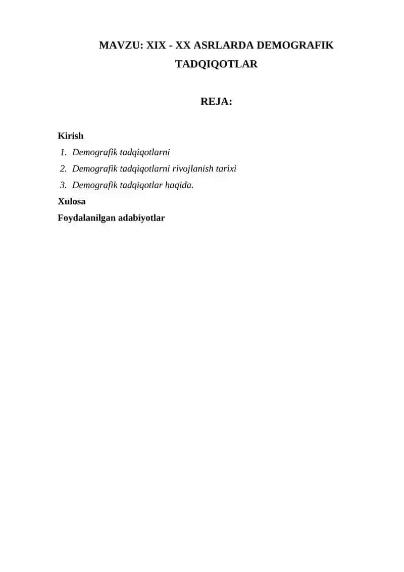 XIX - XX ASRLARDA DEMOGRAFIK TADQIQOTLAR