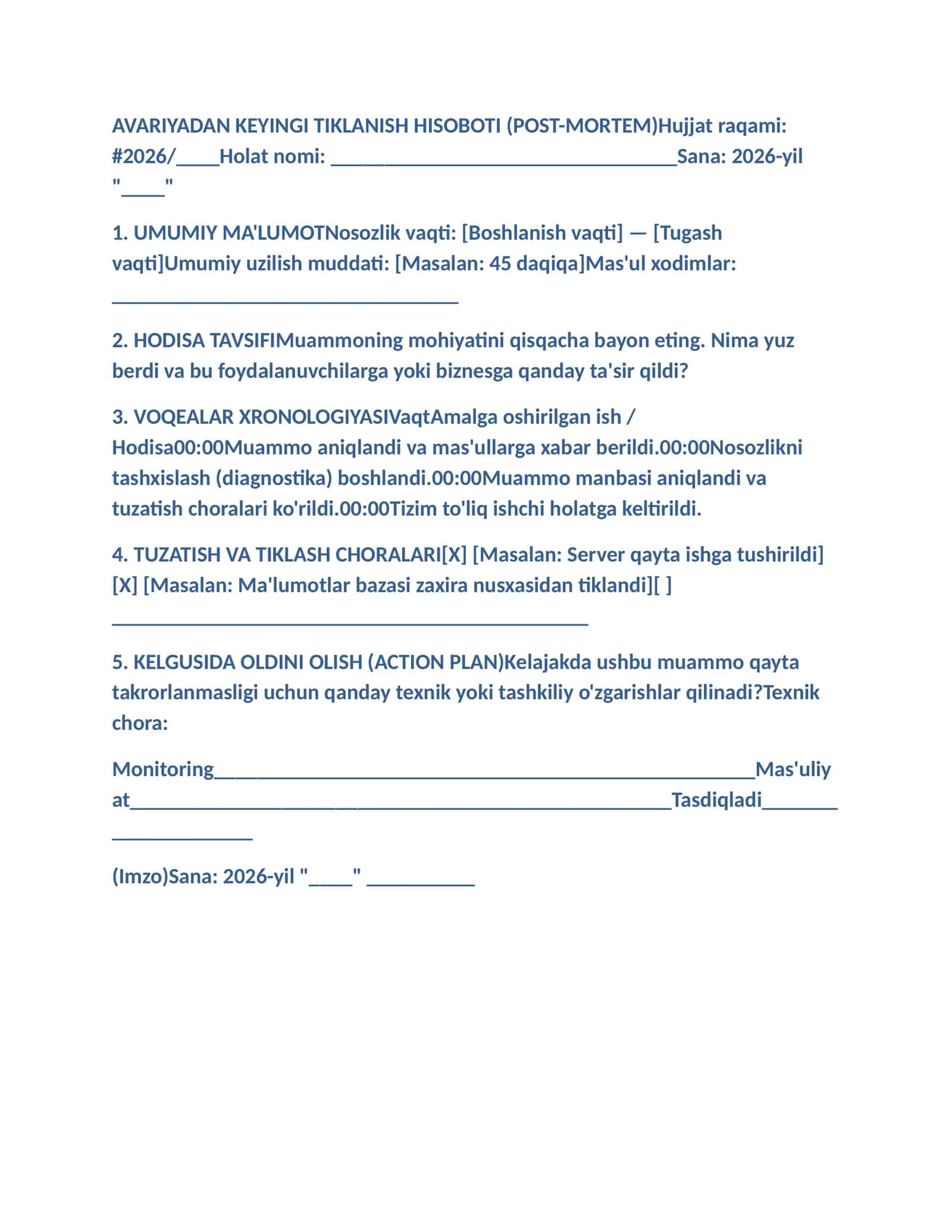 AVARIYADAN KEYINGI TIKLANISH HISOBOTI (POST-MORTEM) 1