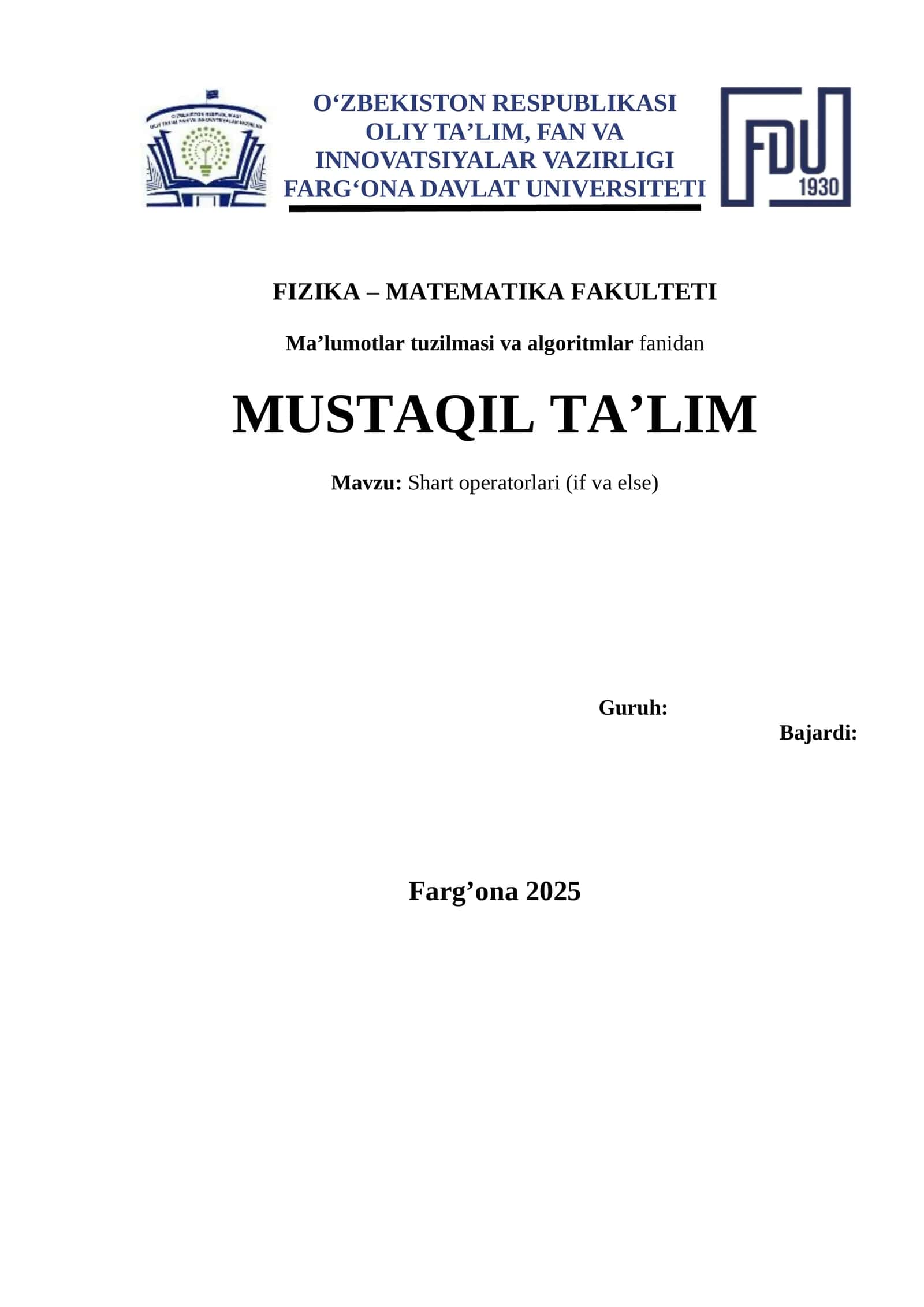Ma’lumotlar tuzilmasi va algoritmlar fanidan 1