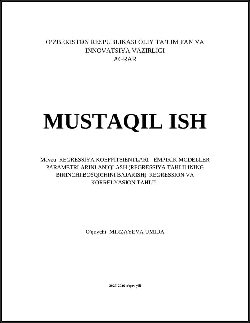 REGRESSIYA KOEFFITSIENTLARI - EMPIRIK MODELLER PARAMETRLARINI ANIQLASH 1