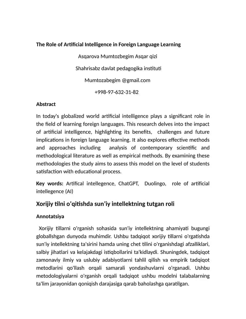 The Role of Artificial Intelligence in Foreign Language Learning 1