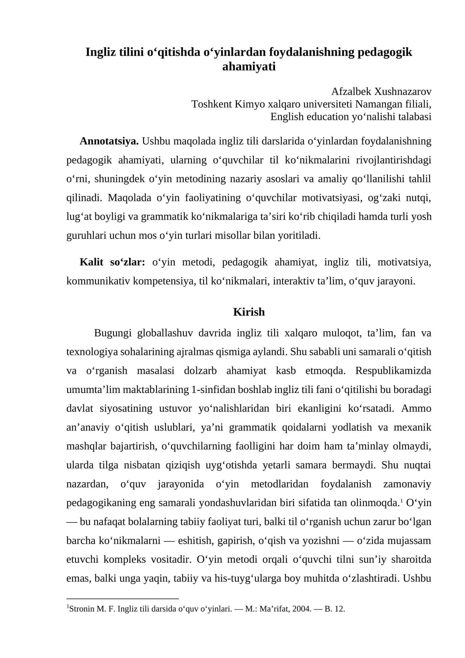 Ingliz tilini o‘qitishda o‘yinlardan foydalanishning pedagogik ahamiyati 1