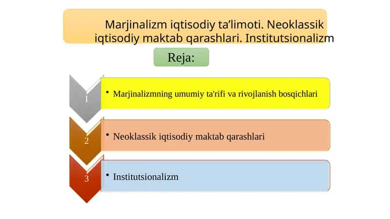 Marjinalizm iqtisodiy ta’limoti. Neoklassik iqtisodiy maktab qarashlari. Institutsionalizm 2