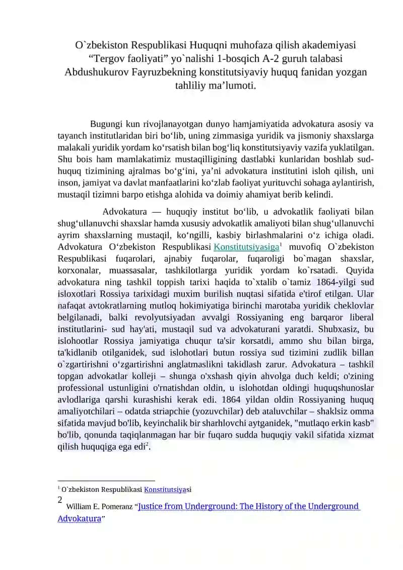 O`zbekiston Respublikasida advokaturaning konstitutsiyaviy-huquqiy asoslari