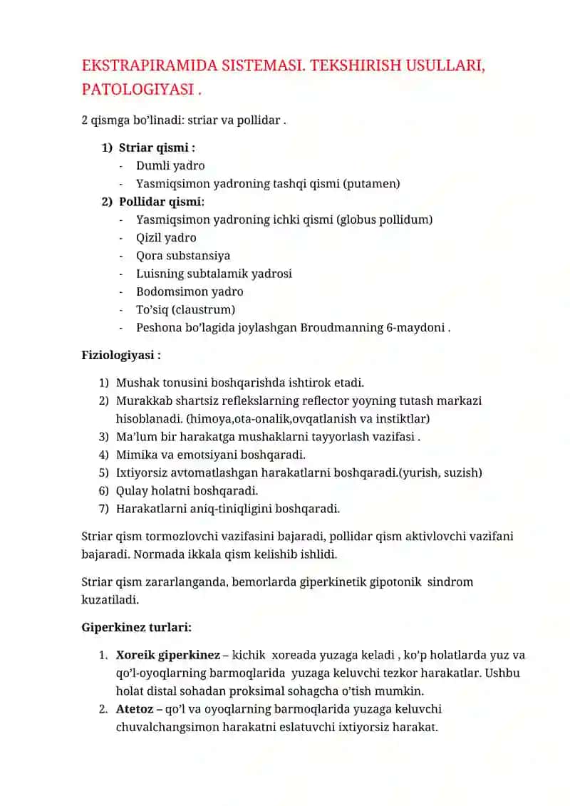EKSTRAPIRAMIDA SISTEMASI. TEKSHIRISH USULLARI, PATOLOGIYASI