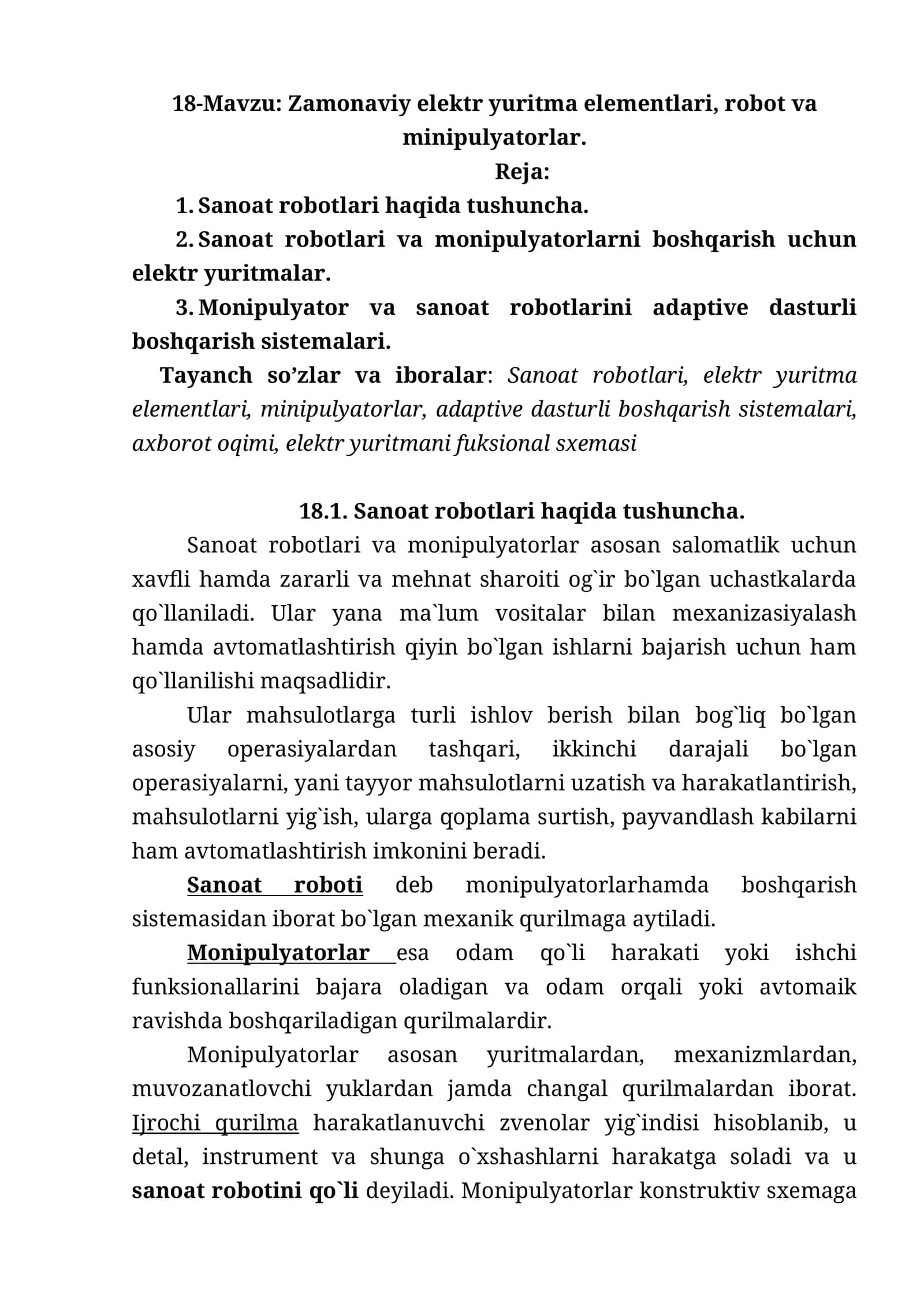 Zamonaviy elektr yuritma elementlari, robot va minipulyatorlar 1
