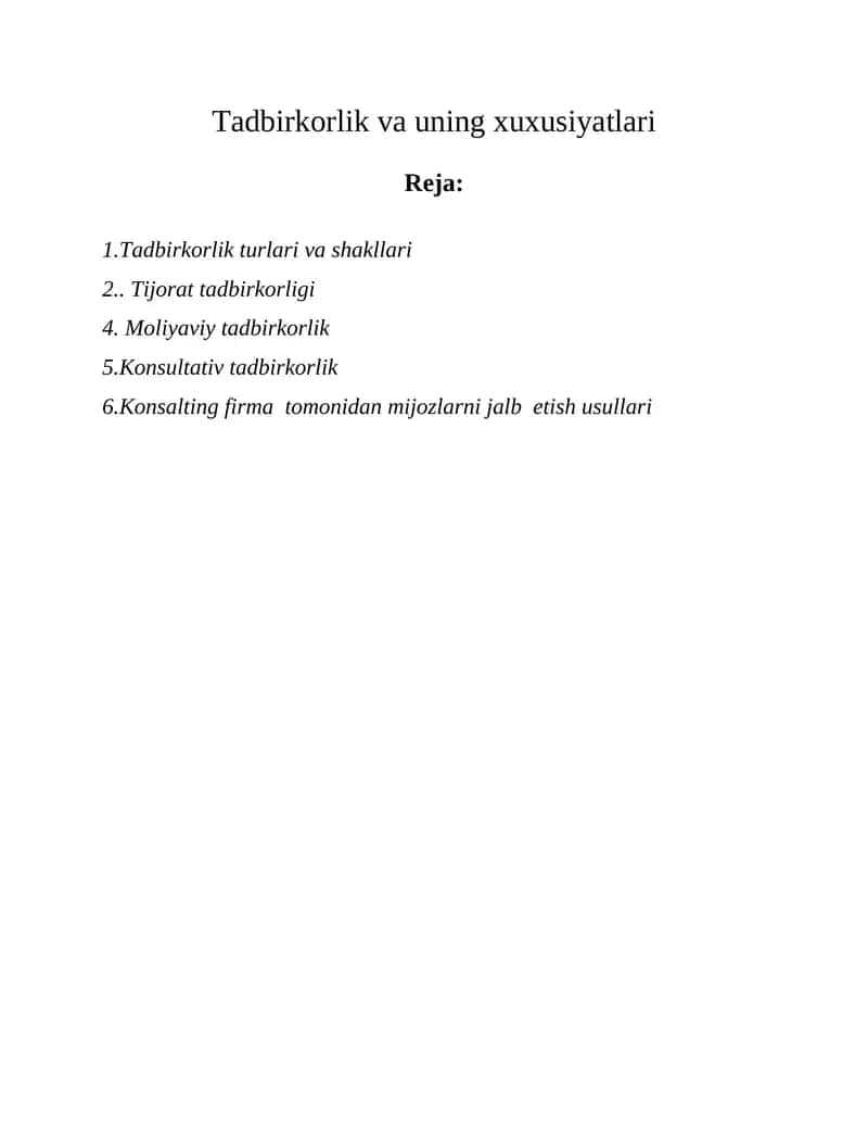 Tadbirkorlik va uning xuxusiyatlari 1