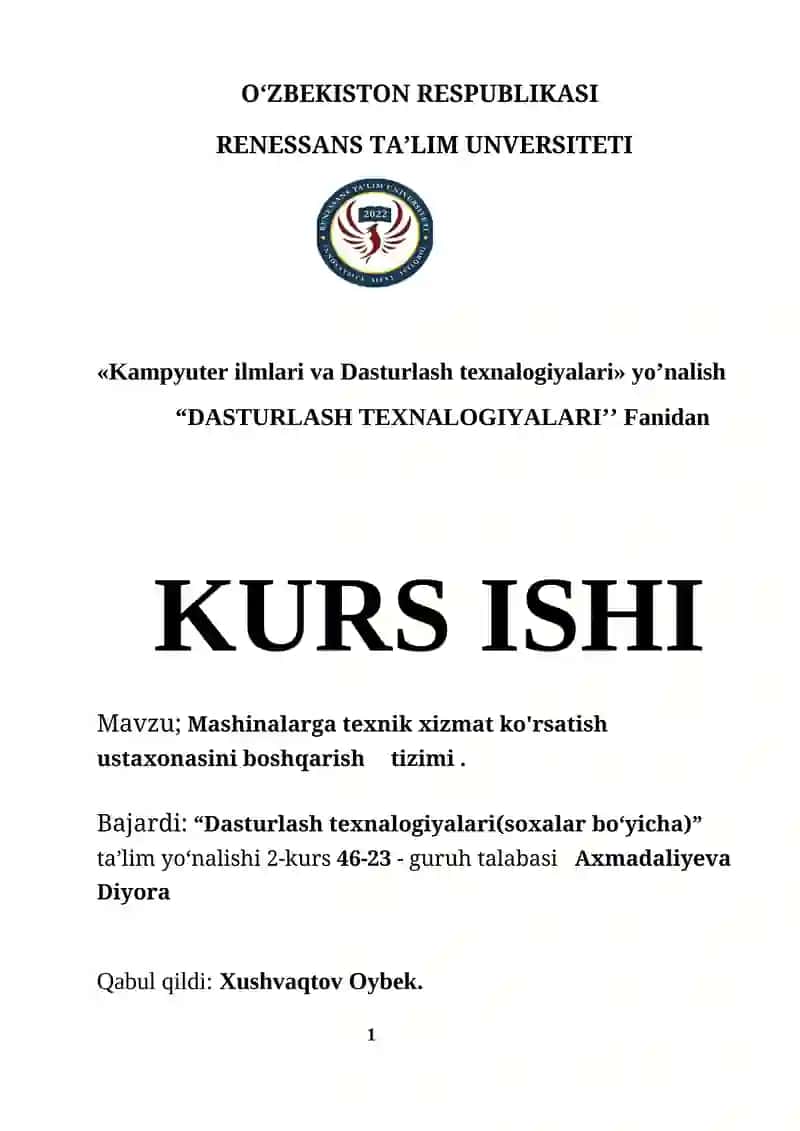 Moshinalarga Texnik Xizmat Ko'rsatish Ustaxonasini Boshqarish Tizimining Nazariy Asoslari