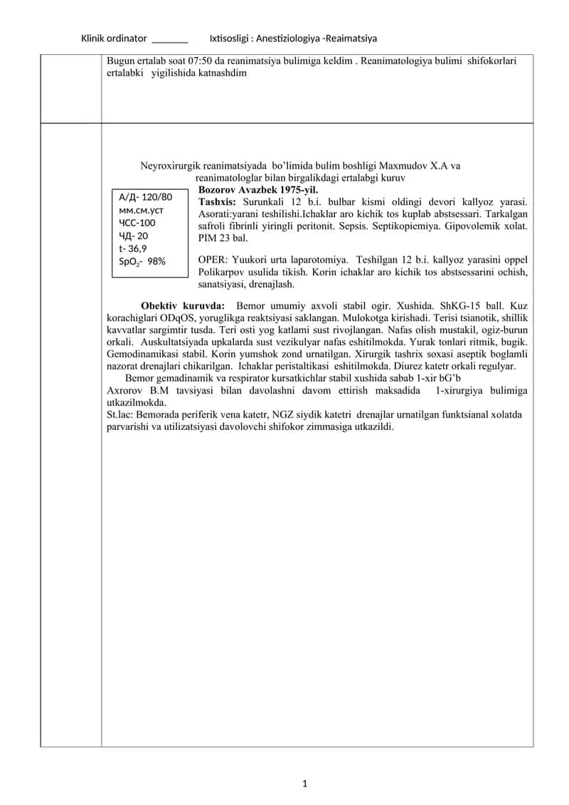 Klinik ordinator Ixtisosligi: Anestiziologiya - Reaimatsiya 1