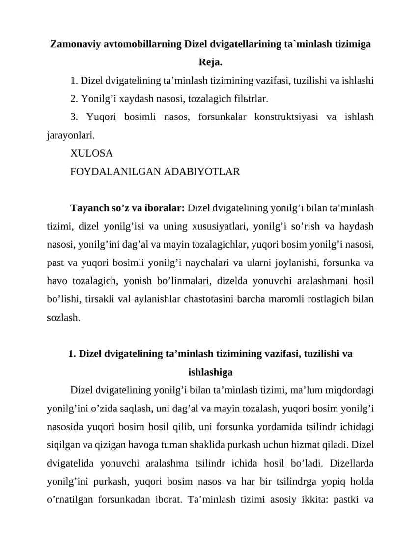 Zamonaviy avtomobillarning Dizel dvigatellarining ta`minlash tizimiga 1