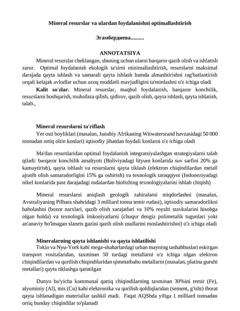Mineral resurslar va ulardan foydalanishni optimallashtirish