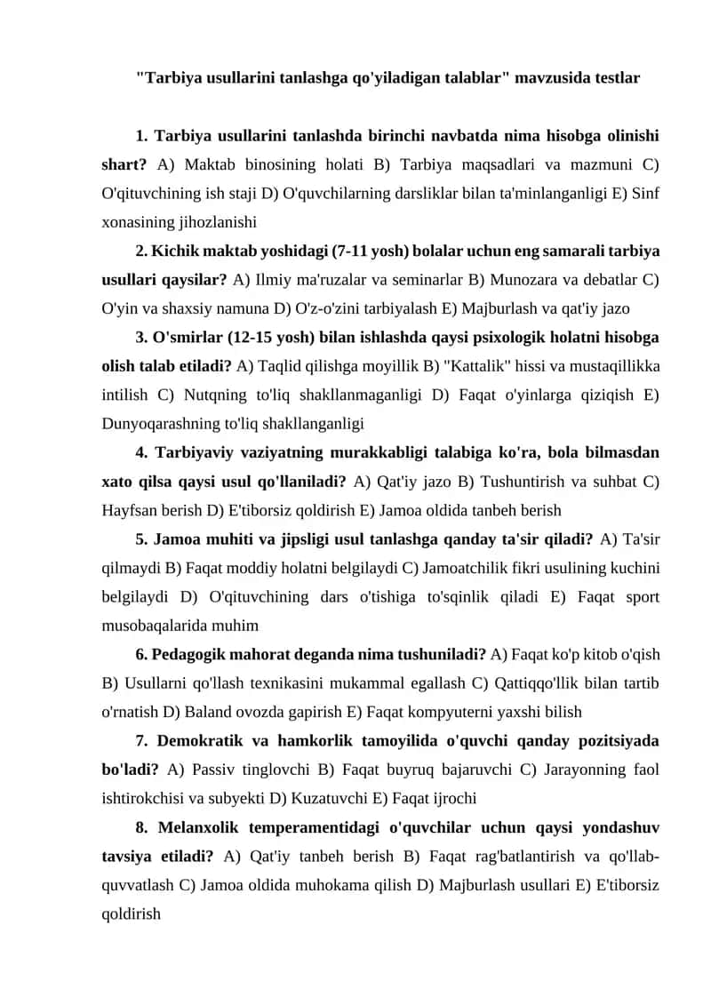 Tarbiya usullarini tanlashga qo'yiladigan talablar 1