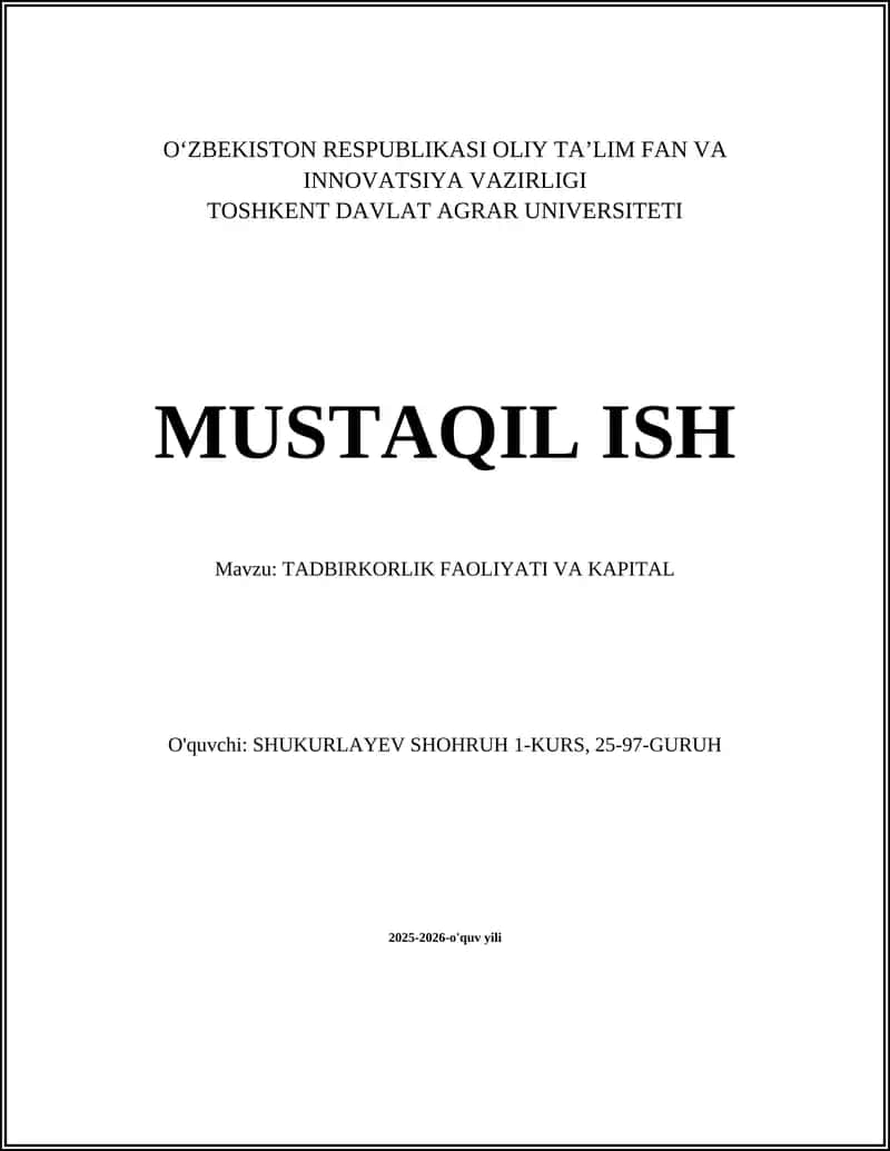 TADBIRKORLIK FAOLIYATI VA KAPITAL 1