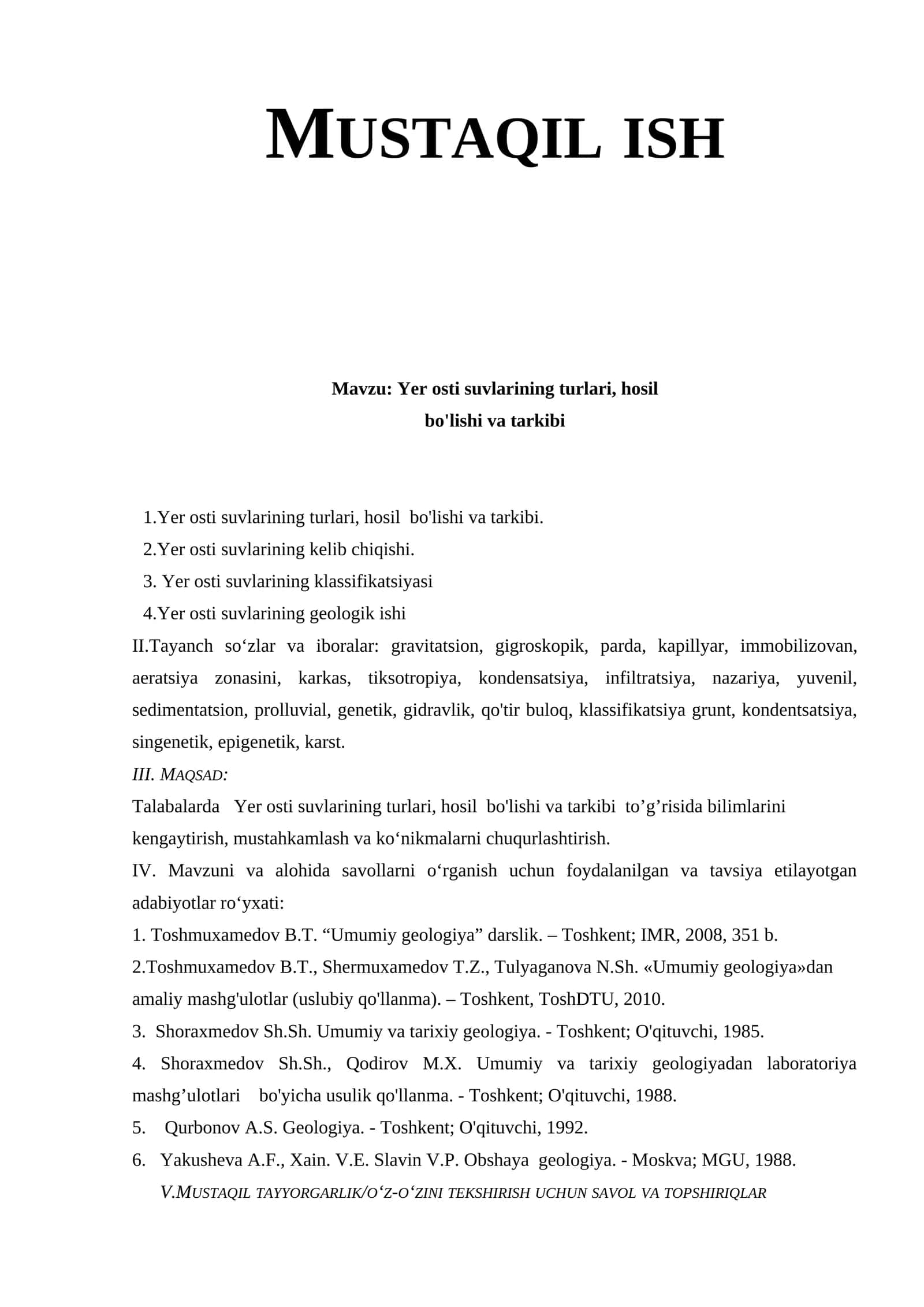 Yer osti suvlarining turlari, hosil bo'lishi va tarkibi 1