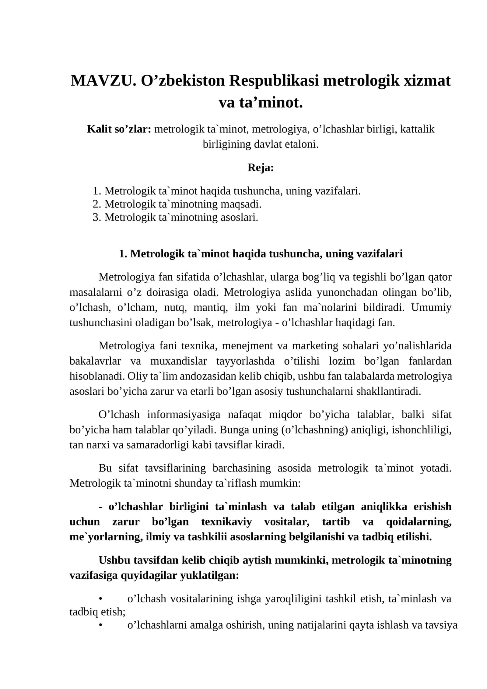 O’zbekiston Respublikasi metrologik xizmat va ta’minot 1
