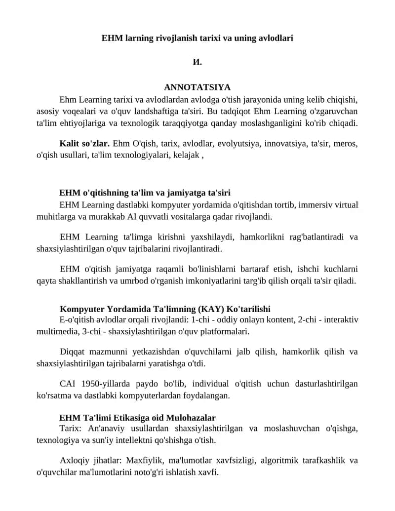 EHM larning rivojlanish tarixi va uning avlodlari 1