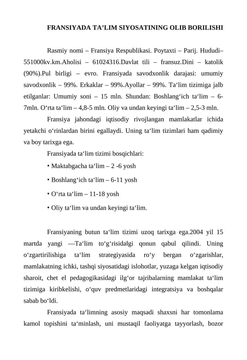 Fransiyada Ta’lim Siyosati 1
