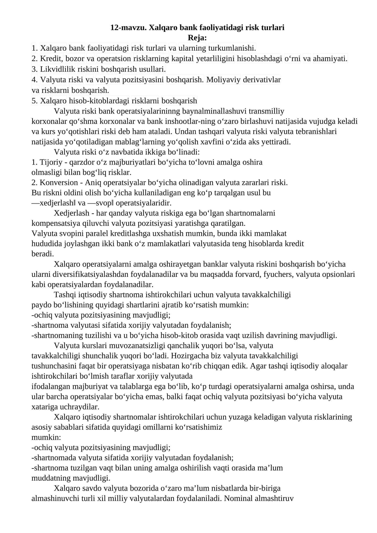 Xalqaro bank faoliyatidagi risk turlari 1