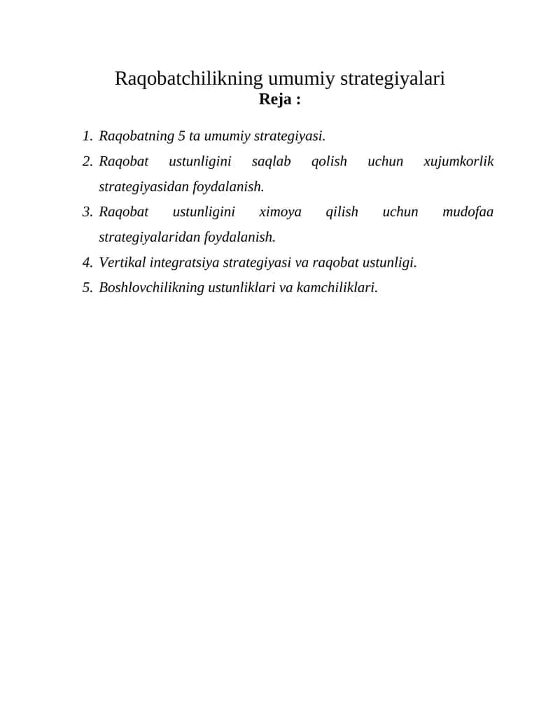 Raqobatchilikning umumiy strategiyalari 1