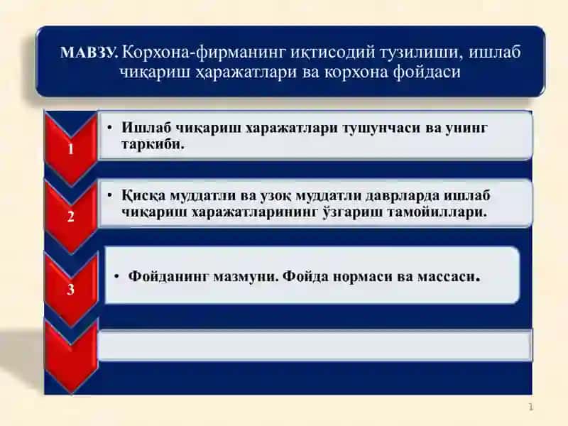 Корхона-фирманинг иқтисодий тузилиши, ишлаб чиқариш ҳаражатлари ва корхона фойдаси