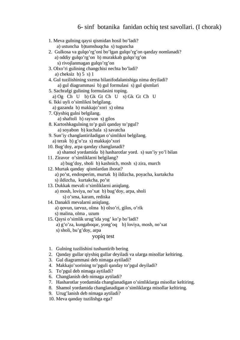 6-sinf botanika fanidan ochiq test savollari 1
