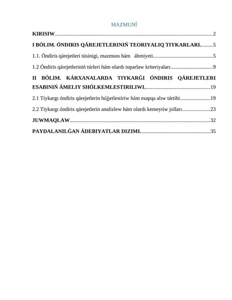 Tiykarǵı óndiris qárejetleri esabı 1