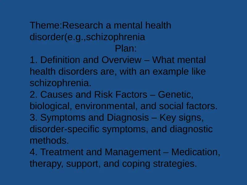 Research a mental health disorder(e.g., schizophrenia) 1