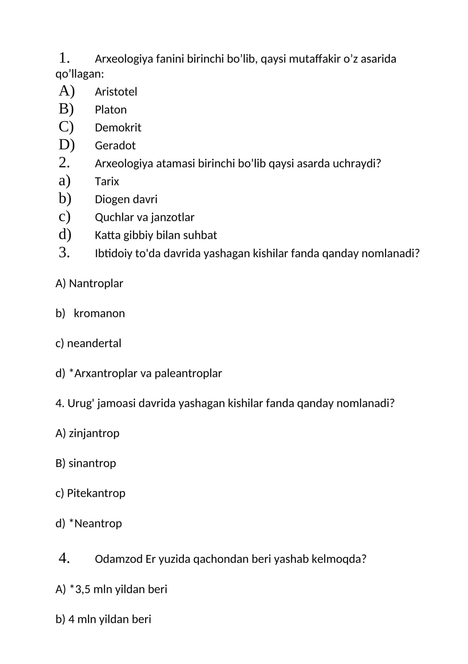 Arxeologiya fanlari test savollari 1