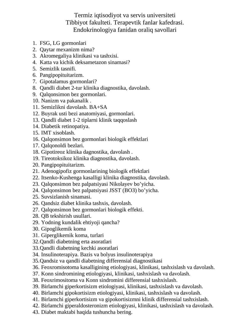 Tibbiyot Endokrinologiya Savollari 1