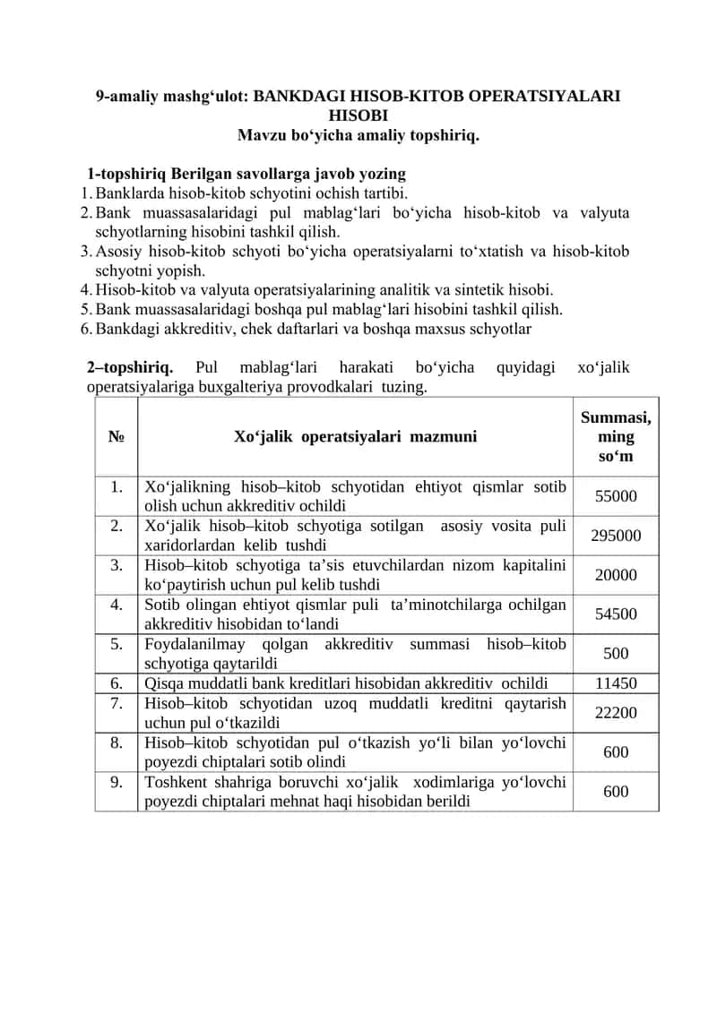 BANKDAGI HISOB-KITOB OPERATSIYALARI HISOBI 1