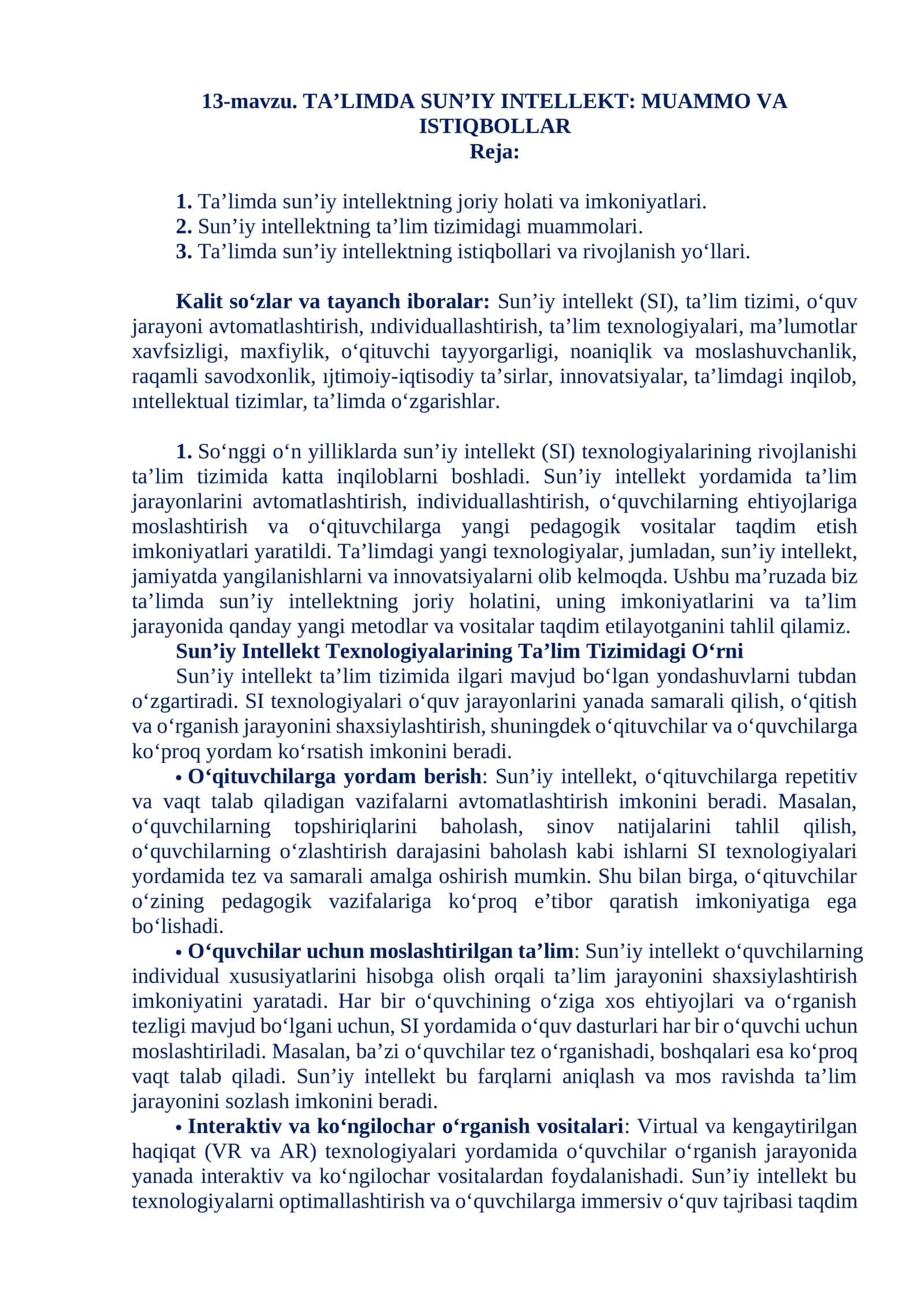 TA'LIMDA SUN’IY INTELLEKT: MUAMMO VA ISTIQBOLLAR 1