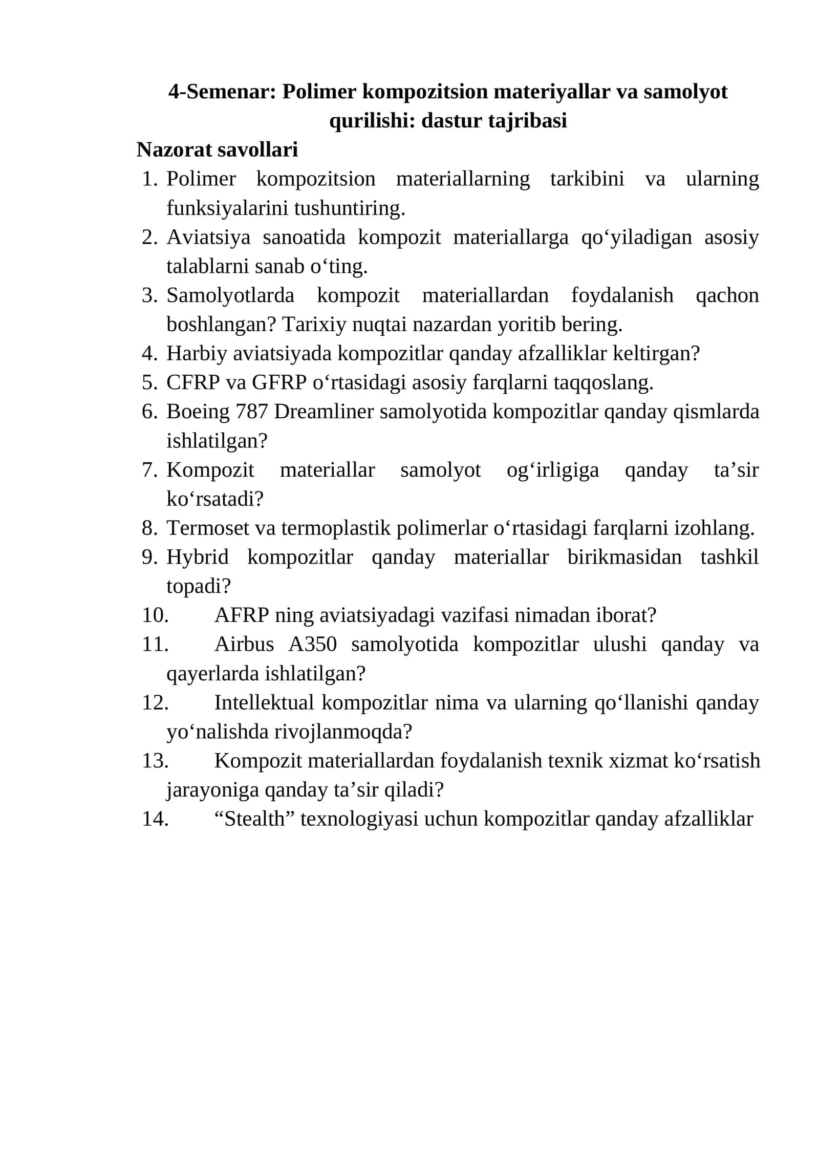 Polimer kompozitsion materiyallar va samolyot qurilishi: dastur tajribasi 1