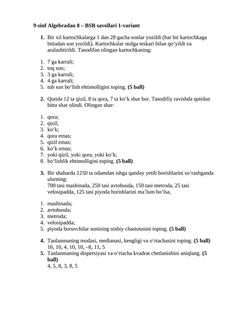 9-sinf Algebradan 8 – BSB savollari 1-variant 1