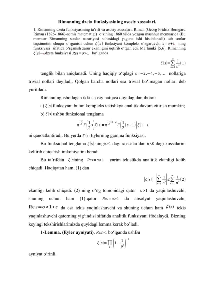 Rimanning dzeta funksiyasining asosiy xossalari. 1