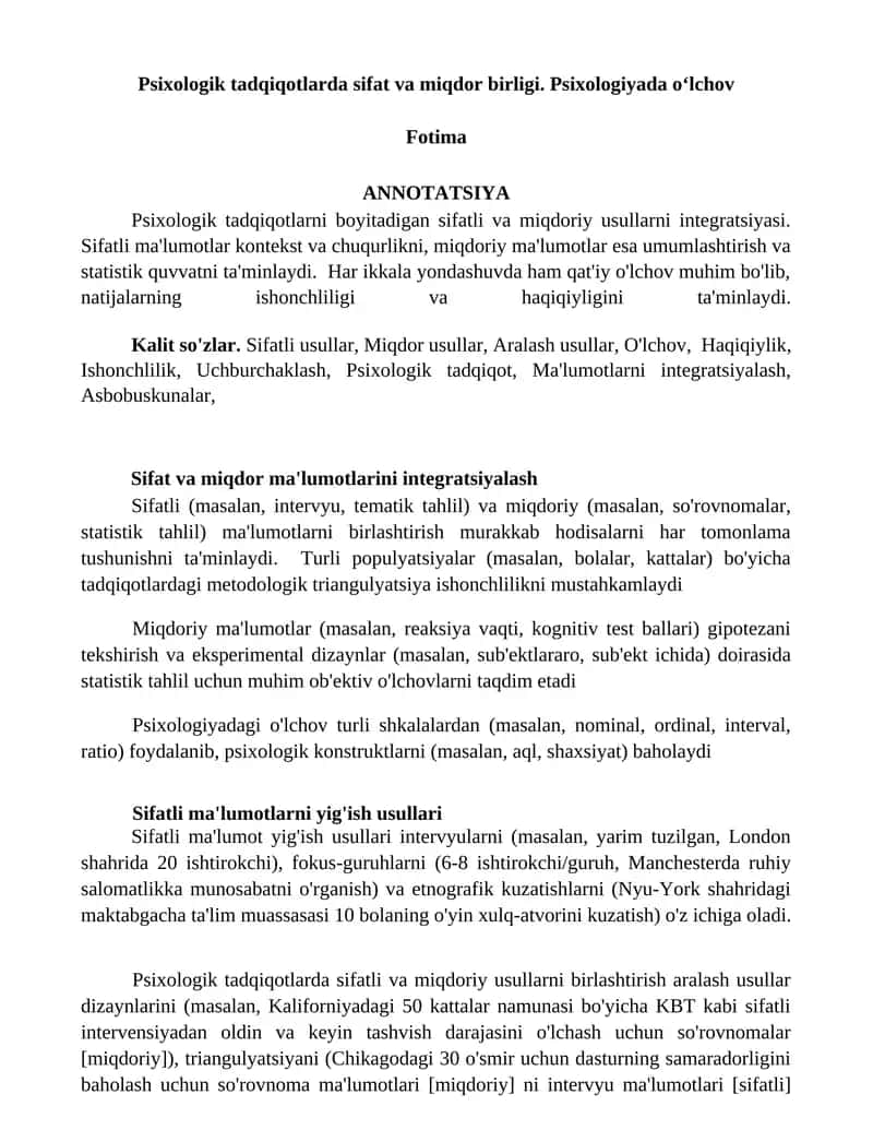 Psixologik tadqiqotlarda sifat va miqdor birligi 1