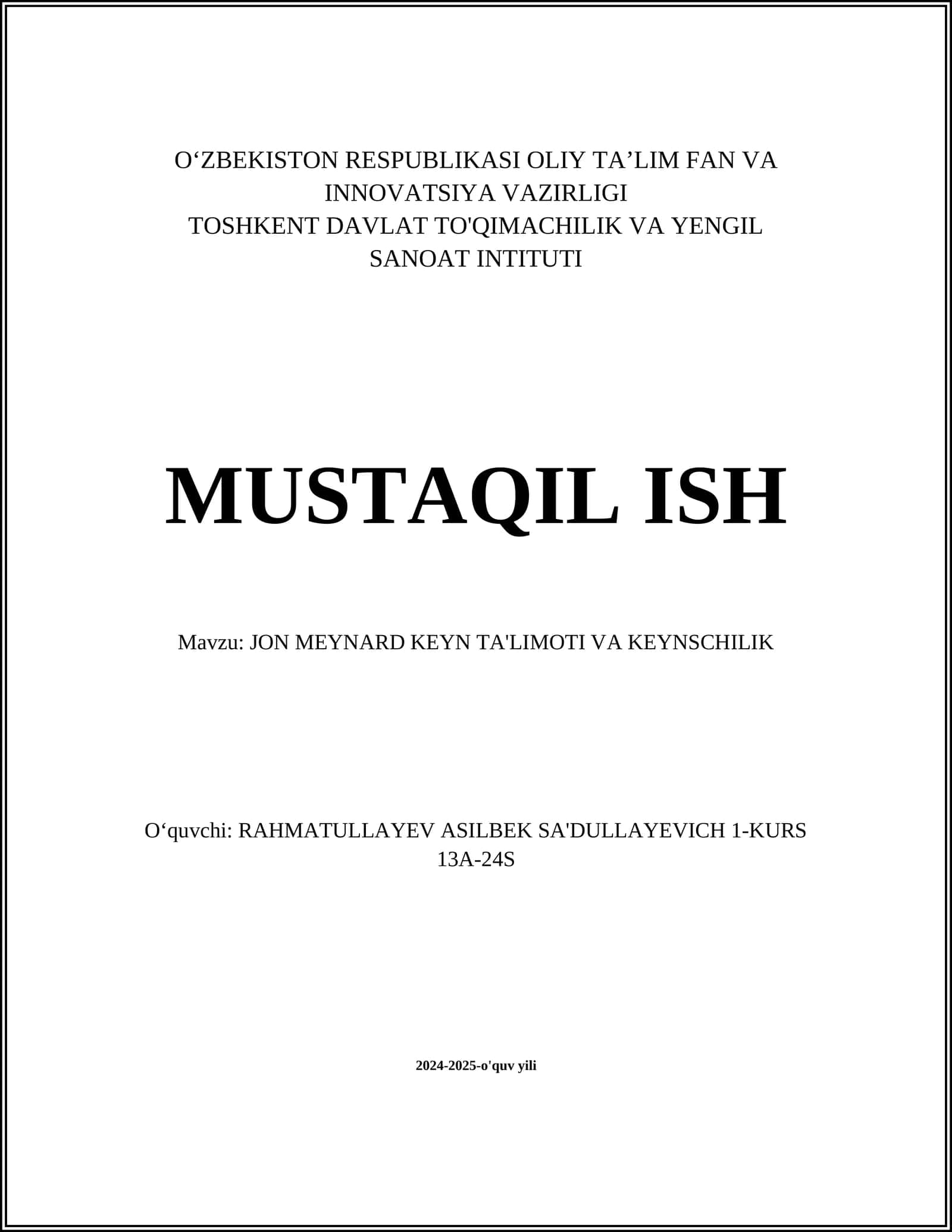 JON MEYNARD KEYN TA'LIMOTI VA KEYNSCHILIK 1