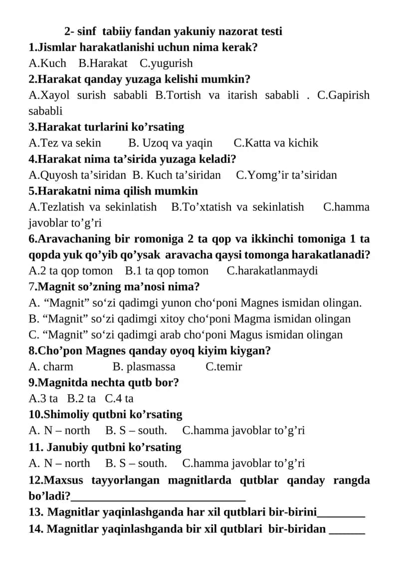 2- sinf tabiiy fandan yakuniy nazorat testi 1