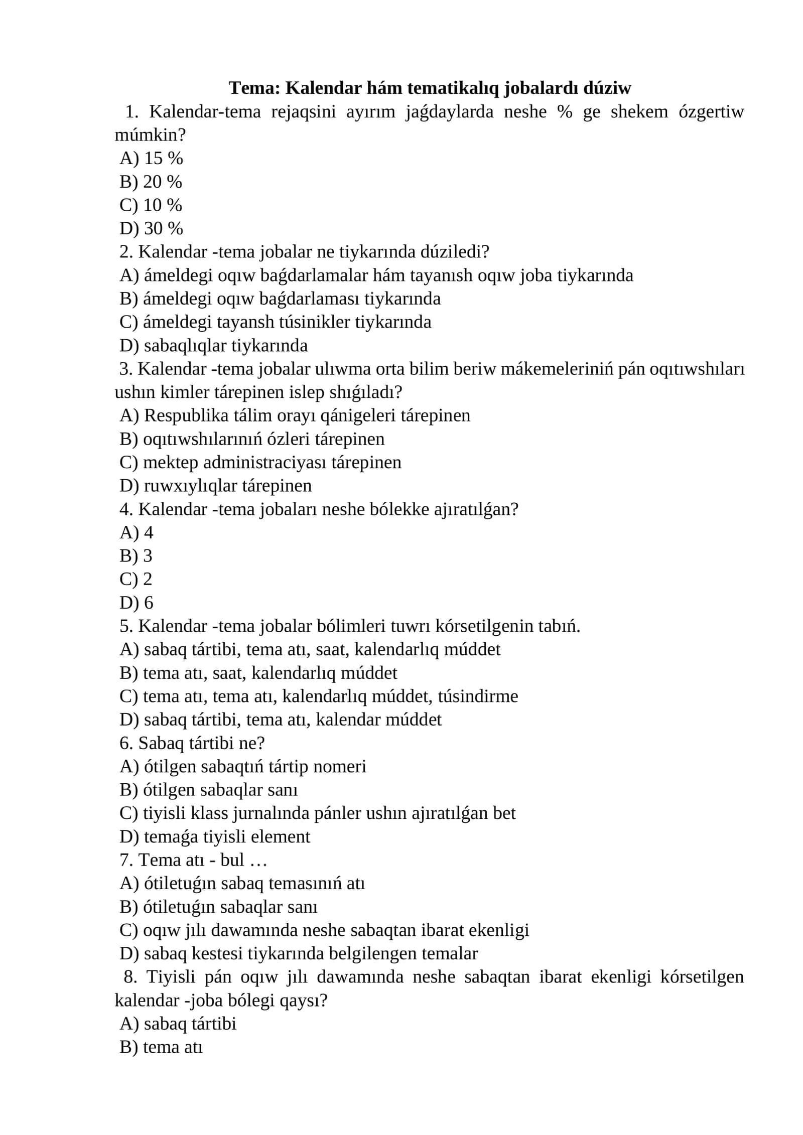Kalendar hám tematikalıq jobalardı dúziw 1