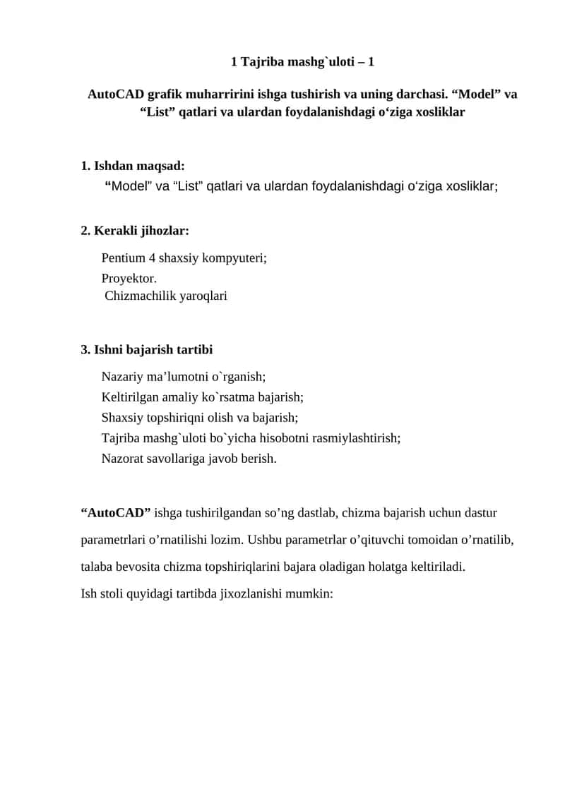 AutoCAD grafik muharririni ishga tushirish va uning darchasi 1