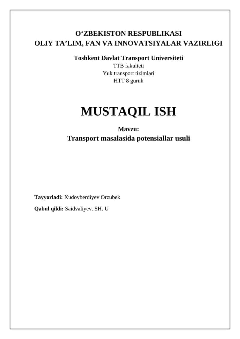 Transport masalasida potensiallar usuli 1