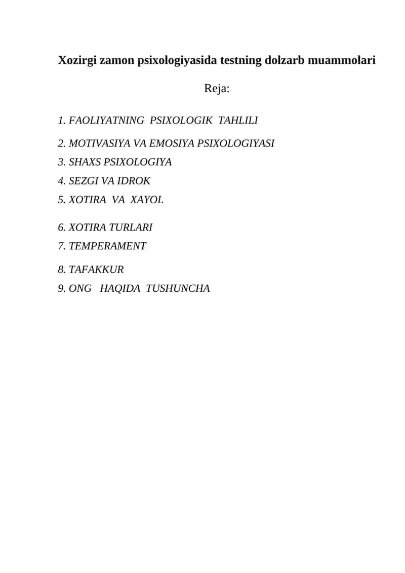 Hozirgi zamon psixologiyasida testning dolzarb muammolari 1